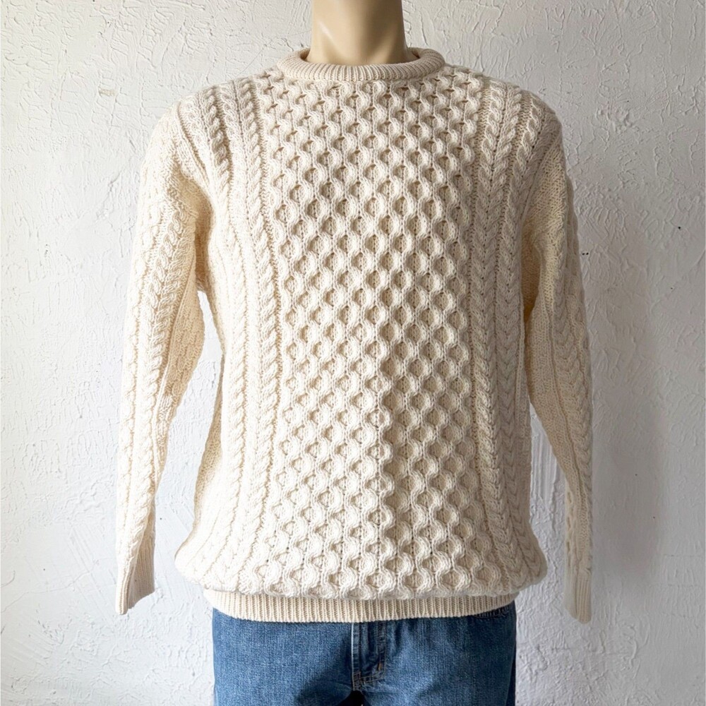 Blarney Woollen Mills Sweater Men's L Aran Wool Cable Knit Fisherman Ireland